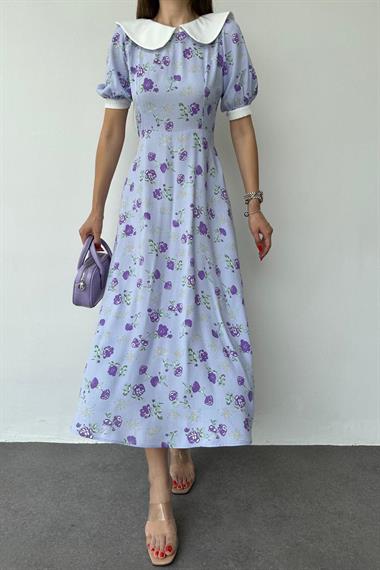 Toptan Lila Önlük Yaka Çiçek Desen Elbise