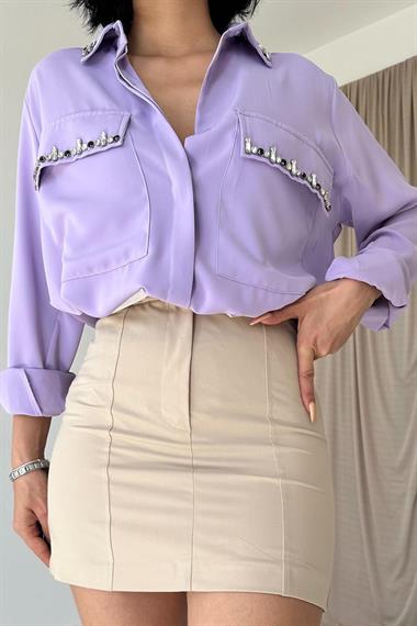 Wholesale Lilac Stone Embroidered Satin Shirt