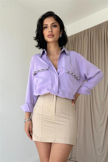 Wholesale Lilac Stone Embroidered Satin Shirt
