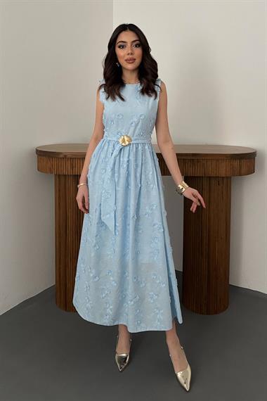 Toptan Mavi 3d Brode Detaylı Elbise