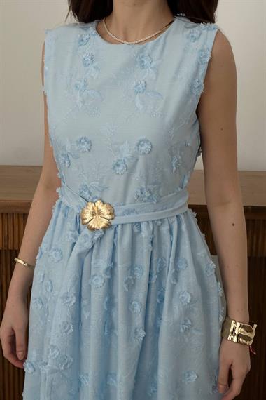 Toptan Mavi 3d Brode Detaylı Elbise