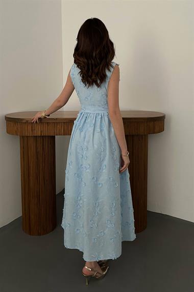 Toptan Mavi 3d Brode Detaylı Elbise