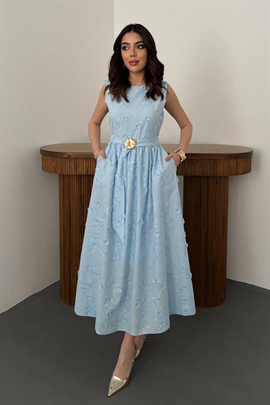 Toptan Mavi 3d Brode Detaylı Elbise