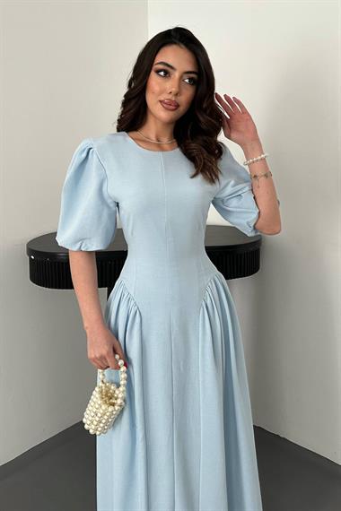 Toptan Mavi Arkadan Bağlamalı Büzgülü Keten Elbise