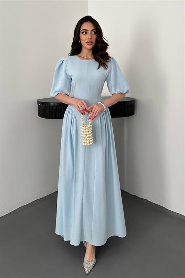 Toptan Mavi Arkadan Bağlamalı Büzgülü Keten Elbise