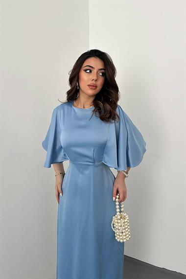 Toptan Mavi Arkası Bağcıklı Elbise