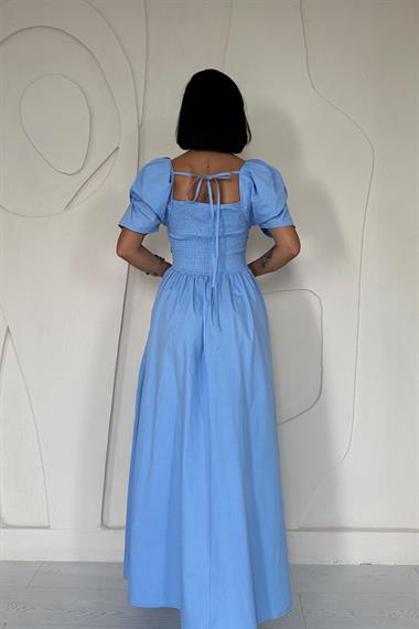 Toptan Mavi Arkası Gipe Detaylı Elbise