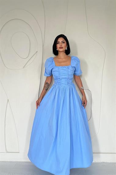 Toptan Mavi Arkası Gipe Detaylı Elbise