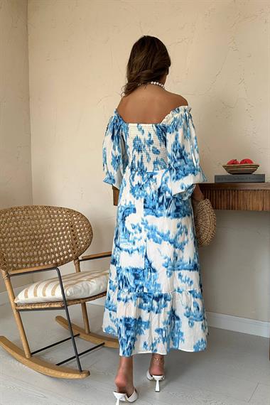 Toptan Mavi Arkası Gipeli Uzun Elbise