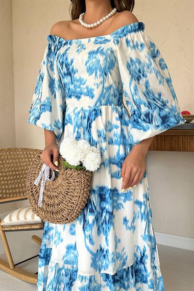 Toptan Mavi Arkası Gipeli Uzun Elbise