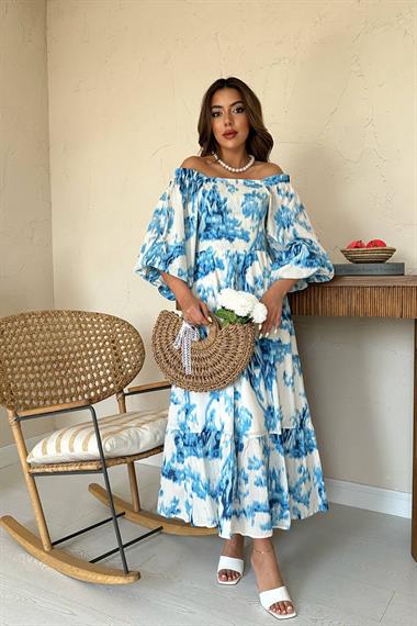 Toptan Mavi Arkası Gipeli Uzun Elbise