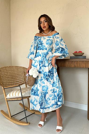 Toptan Mavi Arkası Gipeli Uzun Elbise