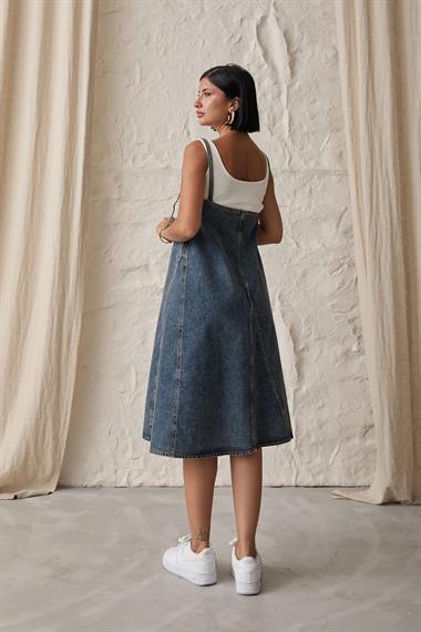 Toptan Mavi Askı Aparatlı Kot Elbise