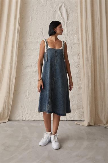 Toptan Mavi Askı Aparatlı Kot Elbise