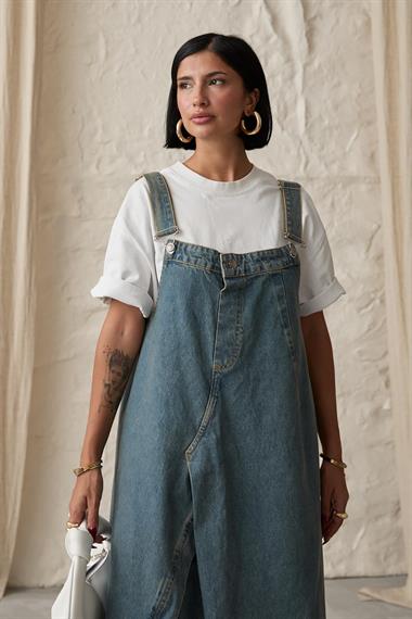 Toptan Mavi Askılı Düğmeli Kot Elbise