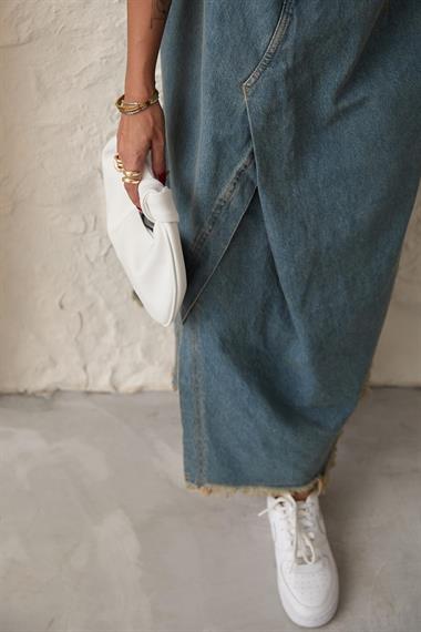 Toptan Mavi Askılı Düğmeli Kot Elbise