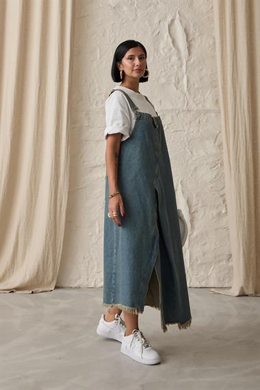 Toptan Mavi Askılı Düğmeli Kot Elbise