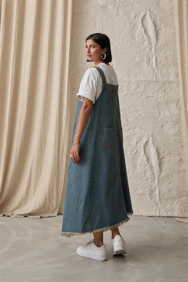 Toptan Mavi Askılı Düğmeli Kot Elbise