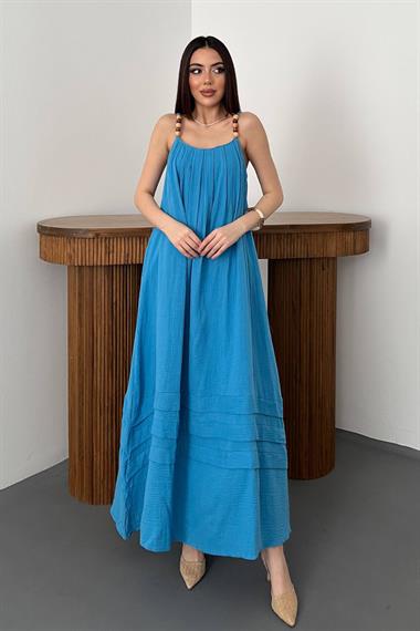 Toptan Mavi Askılı Müslin Elbise