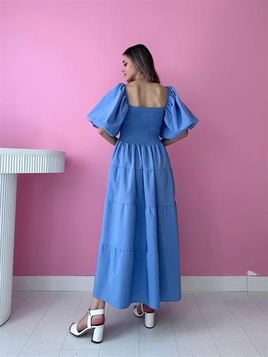 Toptan Mavi Balon Kol Gipe Detay Elbise