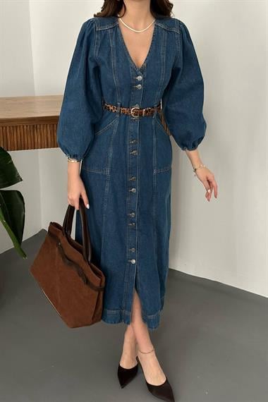 Toptan Mavi Balon Kol Kot Elbise