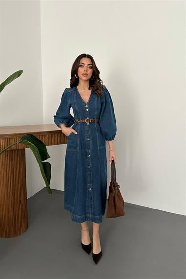 Toptan Mavi Balon Kol Kot Elbise