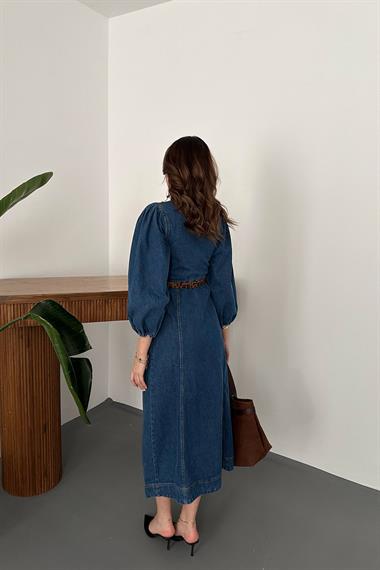 Toptan Mavi Balon Kol Kot Elbise