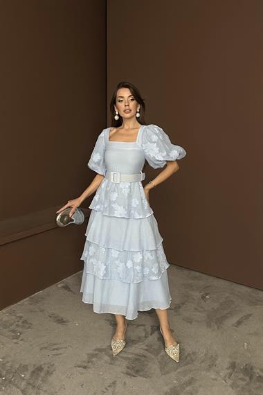 Toptan Mavi Balon Kollu Kat Kat Elbise