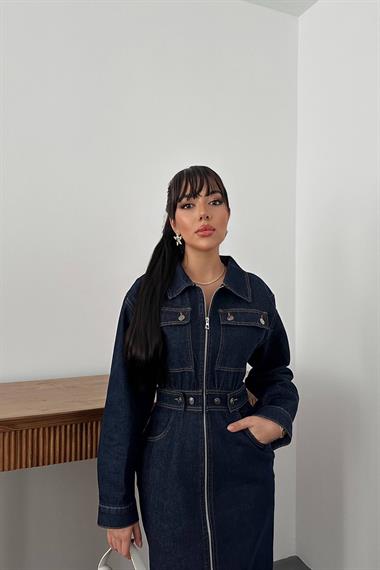 Toptan Mavi Beli Gipeli Kot Elbise