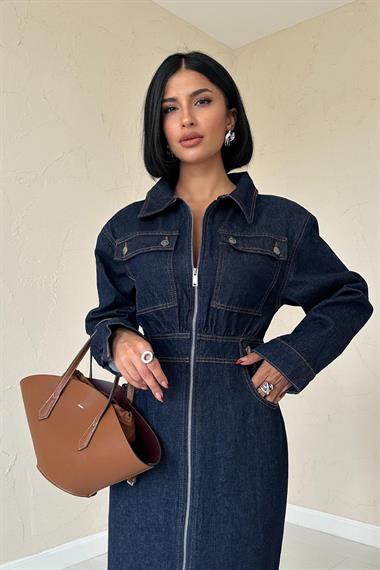 Toptan Mavi Beli Gipeli Kot Elbise