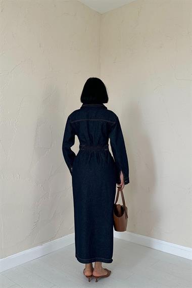 Toptan Mavi Beli Gipeli Kot Elbise