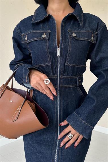 Toptan Mavi Beli Gipeli Kot Elbise