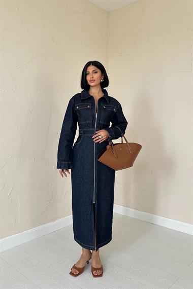 Toptan Mavi Beli Gipeli Kot Elbise