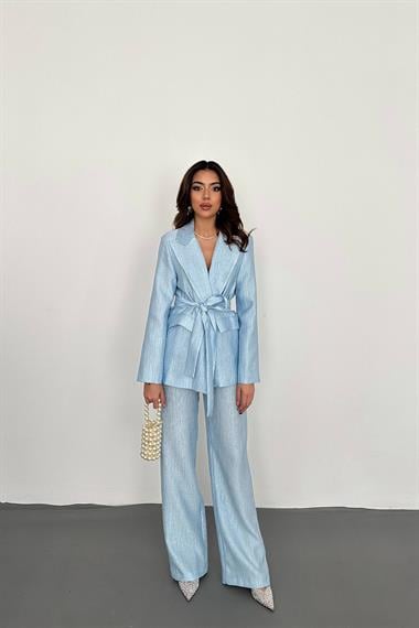 Toptan Mavi Beli Kuşaklı Ceket ve Pantolon Parlak Takım
