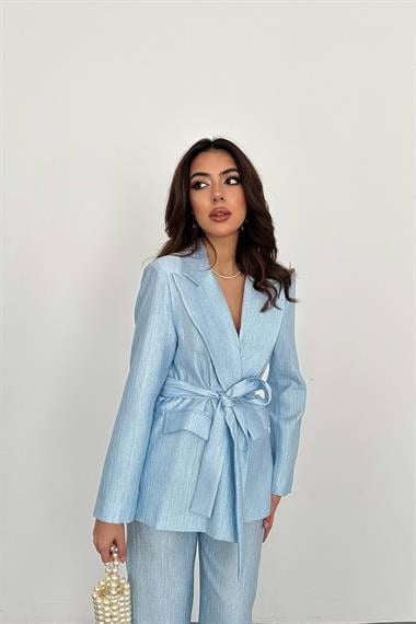Toptan Mavi Beli Kuşaklı Ceket ve Pantolon Parlak Takım