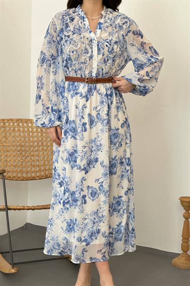 Toptan Mavi Biye Detaylı Elbise