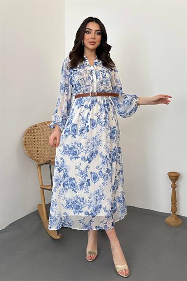 Toptan Mavi Biye Detaylı Elbise