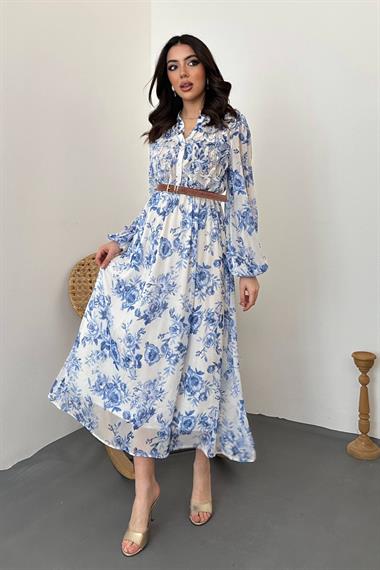 Toptan Mavi Biye Detaylı Elbise