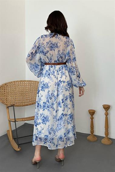 Toptan Mavi Biye Detaylı Elbise