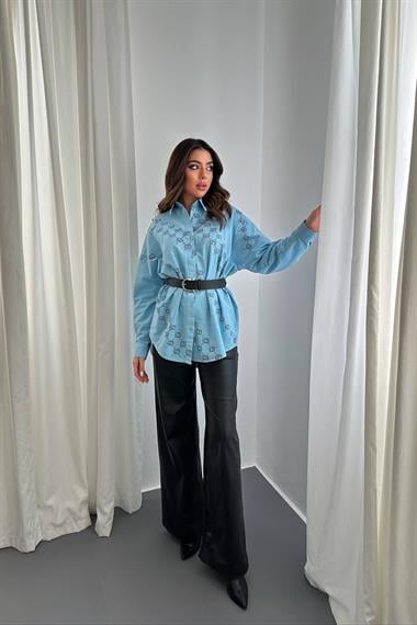 Wholesale Blue Dyed Linen Printed Stone Shirt