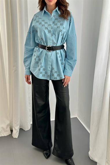 Wholesale Blue Dyed Linen Printed Stone Shirt