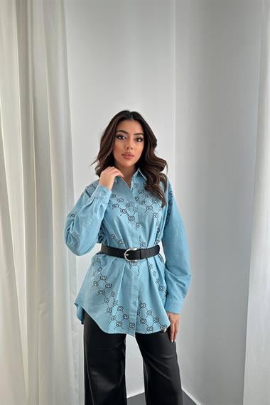 Wholesale Blue Dyed Linen Printed Stone Shirt