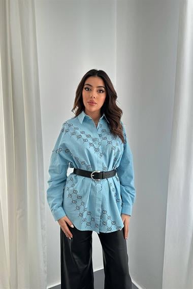 Wholesale Blue Dyed Linen Printed Stone Shirt