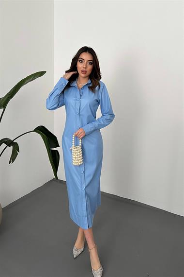 Toptan Mavi Boydan Düğmeli Deri Elbise