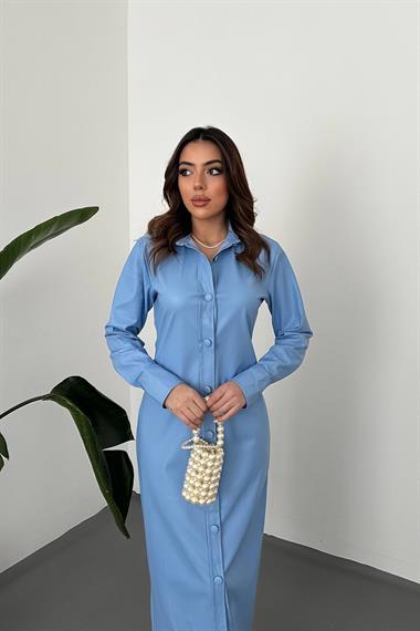 Toptan Mavi Boydan Düğmeli Deri Elbise