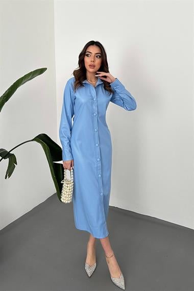 Toptan Mavi Boydan Düğmeli Deri Elbise