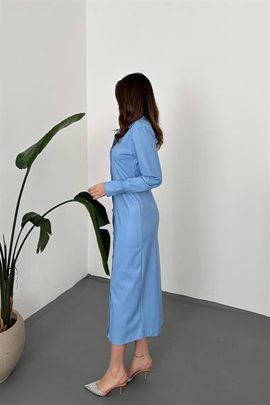 Toptan Mavi Boydan Düğmeli Deri Elbise