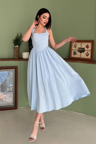 Toptan Mavi Boyundan Bağlamalı Keten Elbise