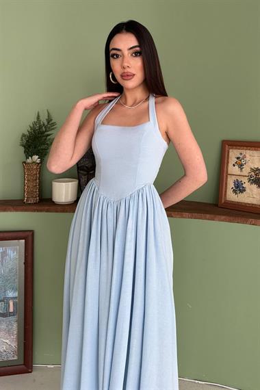 Toptan Mavi Boyundan Bağlamalı Keten Elbise