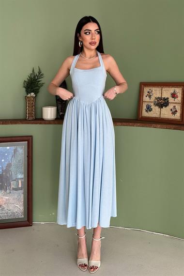 Toptan Mavi Boyundan Bağlamalı Keten Elbise